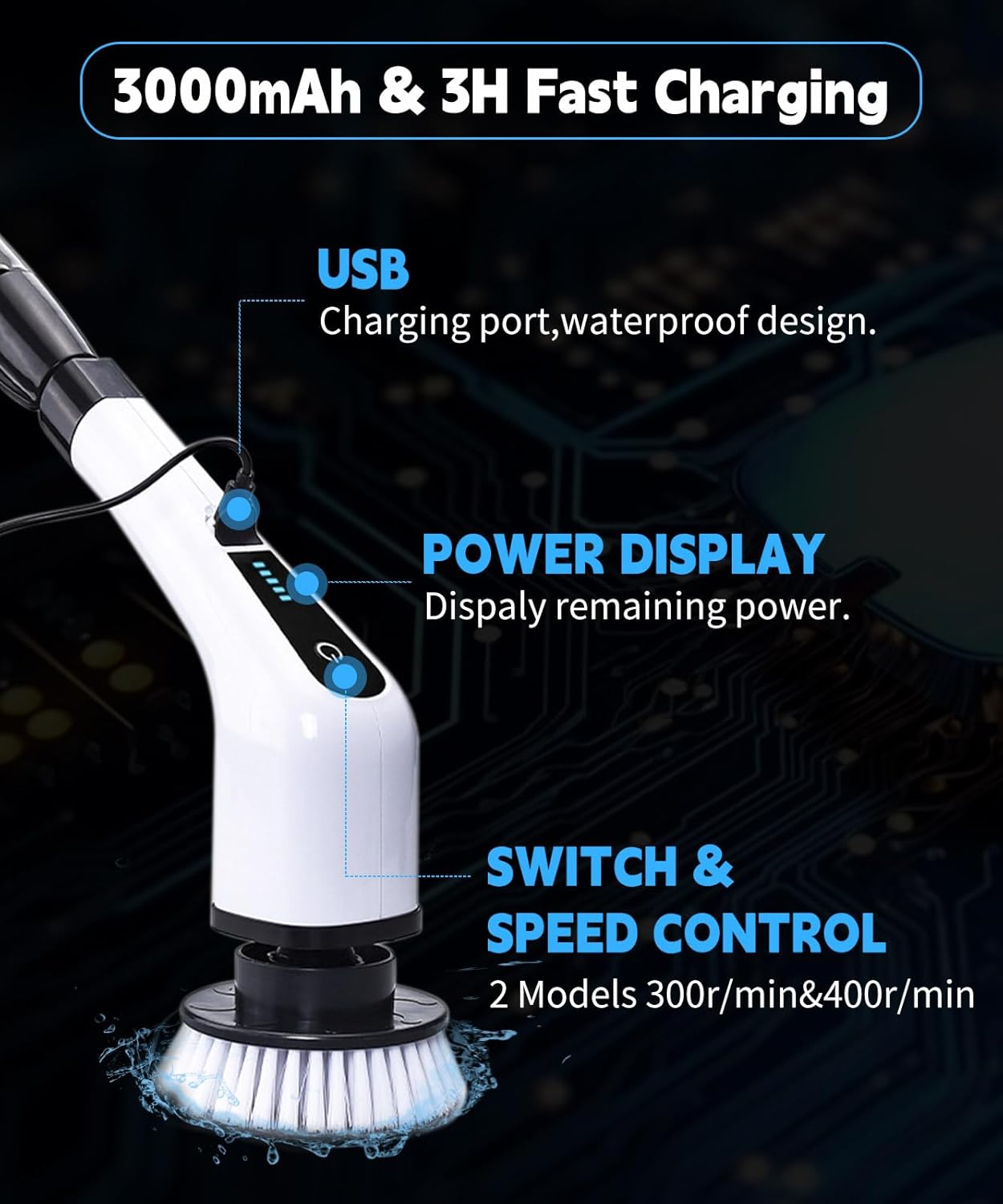 Rechargeable electric cleaning brush in use on kitchen sink